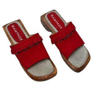 Rampage Womens y2k Red Suede Beaded Fringe Wood Clog Slide Sandals Size 7